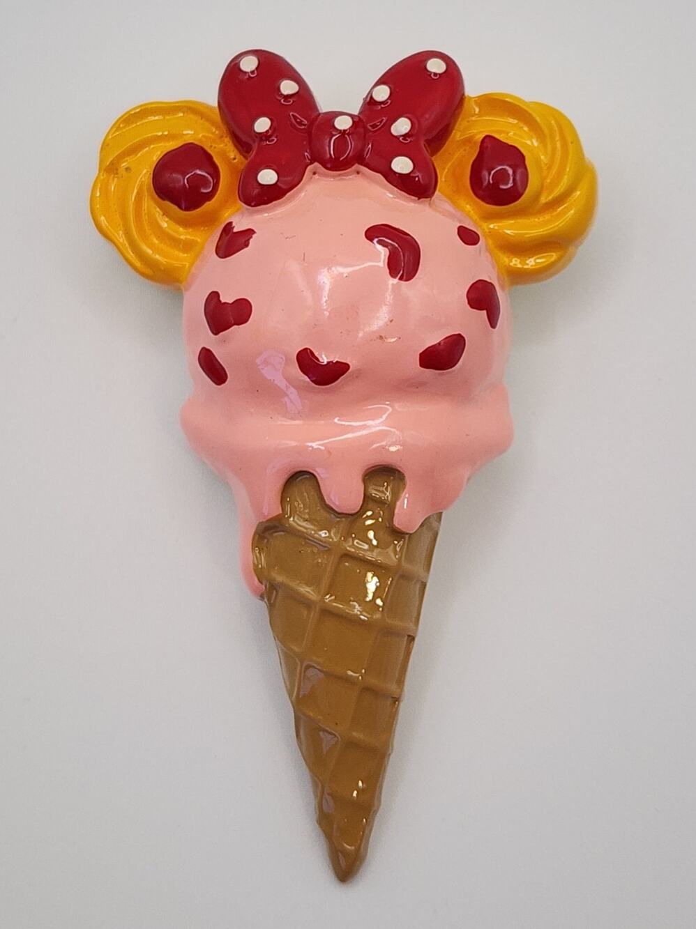 Strawberry Ice Cream Cone Brooch Red & White Bow & Orange Ears Acrylic Resin